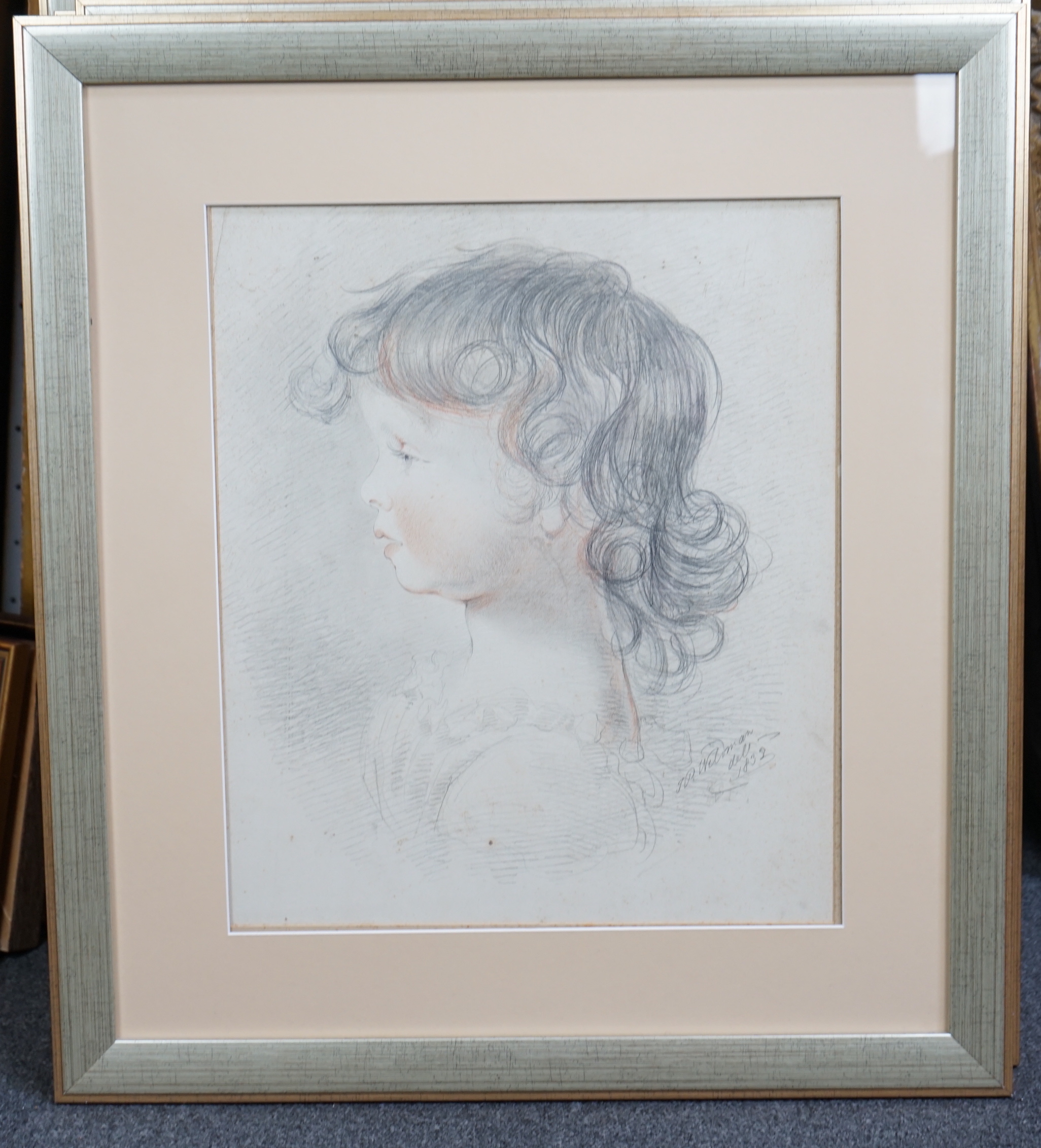 John Robert Wildman (fl.1823-1839) Family portraits of young girls, pencil and sanguine chalk on paper (6) each signed, each, 46 x 39cm